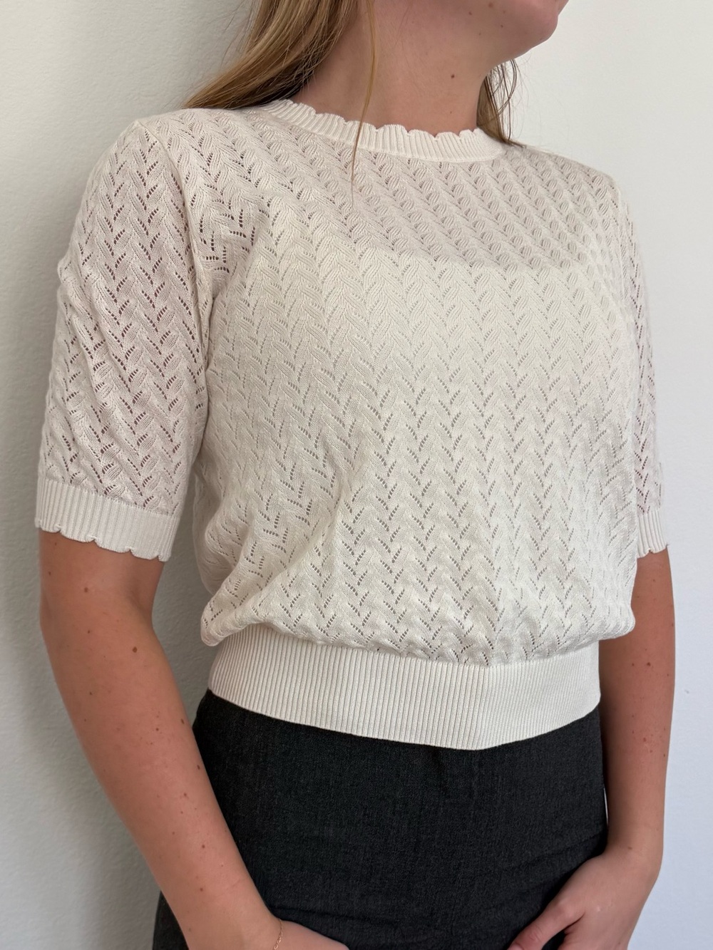 Ann Taylor Cream Short-Sleeve Eyelet Knit Pullover - Picture 3 of 3